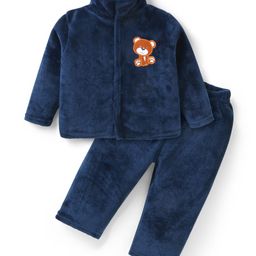 Babyhug Velour Knit Full Sleeves Front Open Winter Night Suit With Bear Embroidery - Navy Blue-image-71