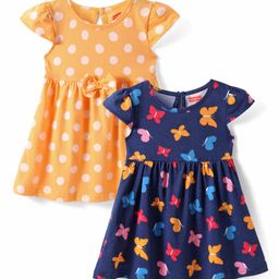 Babyhug Single Jersey Knit Cap Sleeves Polka Dots & Butterfly Printed Frocks with Bow Applique Pack of 2 - Orange & Navy Blue-image-50