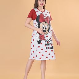 Bella Mama Disney Cotton Knit Half Sleeves Nighty With Minnie Mouse Graphics - White & Red-picture-8