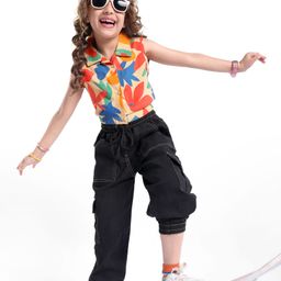 OLLINGTON ST. 100% Cotton Knit Printed Sleeveless Top & Denim Joggers- Multicolor & Black-picture-16