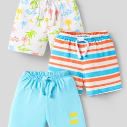 Babyhug Cotton Knit Shorts With Striped & Beach Theme Print Pack Of 3 - Light Blue Orange & Yellow-image-4