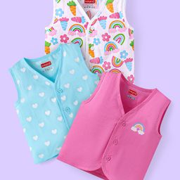 Babyhug 100% Cambric Woven Sleeveless Front Open Jhabla with Heart & Rainbow PrintPack of 3 - Pink Blue & White-image-0