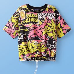 Pine Kids Cotton Knit Half Sleeves Drop Shoulder T-Shirt with Old School Text Print - Black-image-59