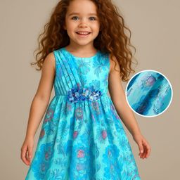 Babyhug Woven Sleeveless Party Frock with Floral Print & Floral Applique - Light Blue-image-53