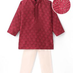 Ridokidz Full Sleeves Floral Embroidered & Foil Printed Kurta & Pyjama Set - Maroon-image-16
