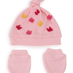 Tipy Tipy Tap Cotton Pearls Embellished & Butterfly Applique Detailed Cap With Mittens Set - Pink - Diameter - 32cm-65