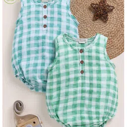 Cot & Candy Organic Muslin Cotton Knit Pack Of 2 Sleeveless Checked Onesies - Teal & Sage-picture-33