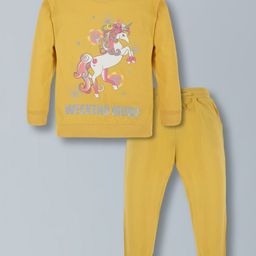 Plum Tree 100% Cotton Knit Full Sleeves Unicorn Printed Tee With Joggers Set - Yellow-image-16