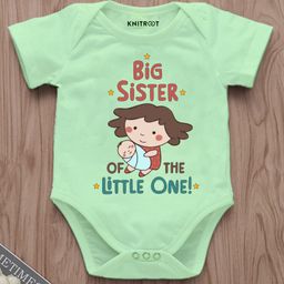 KNITROOT Cotton Lycra Knit Raksha Bandhan Theme Half Sleeves Big Sister Of The Little One Text Printed Onesie - Green-image-55
