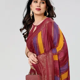 Civamee Striped Woven Design Zari Satin Leheriya Saree-1