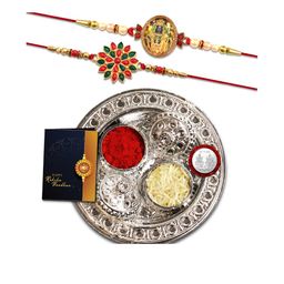 DeoDap Unisex Set of 2 Rakhis with Pooja Thali Roli Chawal Coin Greeting Card Gift Set-image-77