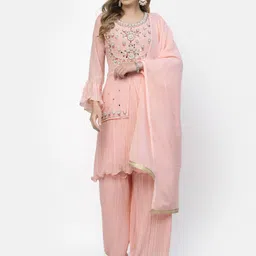 TS LIFESTYLE Ethnic Motifs Embroidered Round Neck A-Line Kurta With Sharara & Dupatta-picture-48