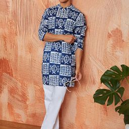 VASTRAMAY Ethnic Motifs Printed Mandarin Collar Straight Kurta With Trousers-image-23