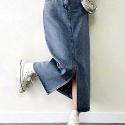 CHALODIA Denim High-Waist Straight Midi Skirt-picture-8
