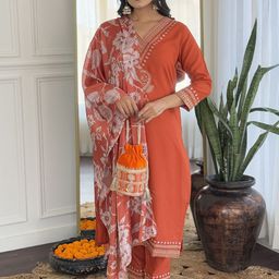 Ekta Textiles Floral Yoke Design V-Neck Thread Work Straight Kurta With Trousers & Dupatta-picture-35