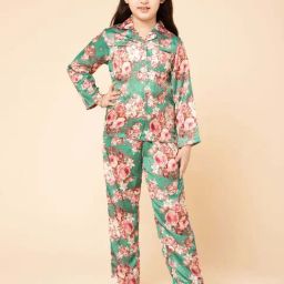 Piccolo Kids Green Floral Regular Fit Shirt, Pajamas & Slippers-image-40