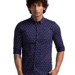 Parx Blue Pure Cotton Slim Fit Printed Shirt-image-98