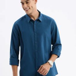 Showoff Teal Blue Cotton Slim Fit Shirt-image-52