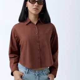 nuon women Nuon by Westside Brown Solid Cropped Shirt-picture-24
