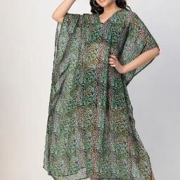 Moomaya Green & Black Animal Print Kaftan Dress-image-5
