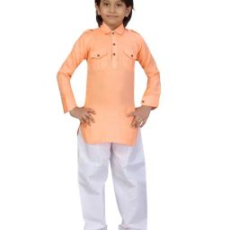 Little Mafia By Aarika Kids Orange & White Solid Pathani Kurta Pyjama-image-46