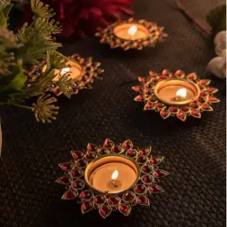 Homesake 'House Warming' Red & Beige Metal Diya Holder With Tea Light - Set of 4-13