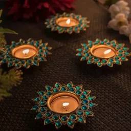 Homesake 'Birthday' Sea-Green & Beige Metal Diya Holder With Tea Light - Set of 4-11