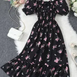Bolly Lounge Girls Black Cotton Blend Puffed Sleeves Floral Printed Dress-image-23