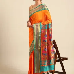 Varkala Silk Sarees Orange & Rama Woven Saree With Unstitched Blouse-image-49
