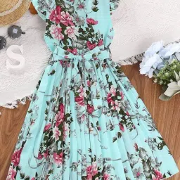 Bolly Lounge Girls Turquoise Cotton Blend Frill Sleeve Floral Print Dress-image-31