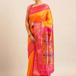 Varkala Silk Sarees Orange & Pink Woven Saree With Unstitched Blouse-image-2