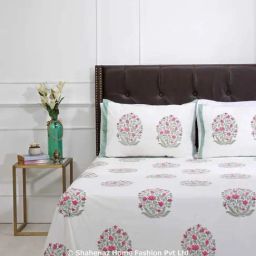 Shahenaz Pink & Green 220 TC Cotton Bagh-E-Kainaat Double Bedsheet with 2 Pillow Covers-image-66