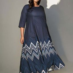 Amydus Women Plus Size Blue Striped A-Line Maxi Dress image 1