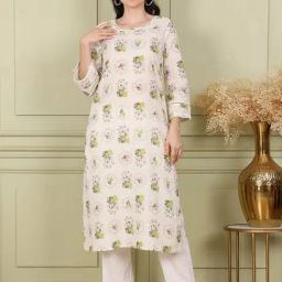 W White Cotton Printed Straight Kurta-image-82