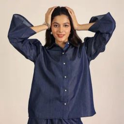 KAORI BY SHREYA AGARWAL Blue Blended Solid Three-Quarter Sleeves Shirt-image-22