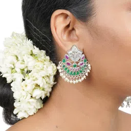 Teejh Nimrat Green & Maroon Stone Silver Oxidized Drop Earrings image 2