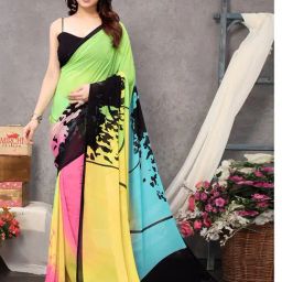Mirchi Fashion Yellow Georgette Geometric Saree With Unstitched Blouse-image-29