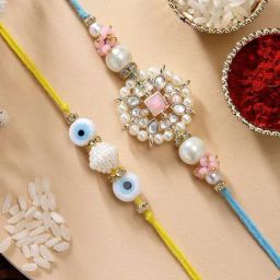 Karatcart Set of 2 Evil Eye and Pink Floral Kundan Handmade Rakhi for Brother with Roli & Chawal-14