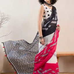Vaamsi White & Black Printed Saree With Unstitched Blouse-image-67