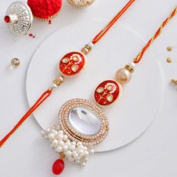 Aapno Rajasthan Red Beads & Pearl Crafted Lumba With Bhaiya Bhabhi Rakhi Set image 1