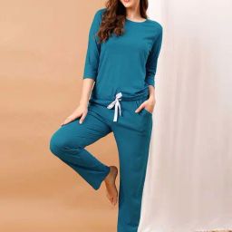 Clovia Blue Regular Fit Top & Pyjama Set-image-90