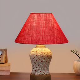 Devansh Pink & White Printed Printed Frustum Shaped Wooden Table Lamp-12