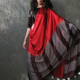 Chidiyaa Red & Brown Block Printed Modal Silk Saree image 1