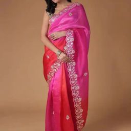 Zari Jaipur Red & Pink Embroidered Saree-picture-1