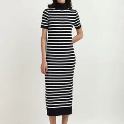 TOMMY HILFIGER Black & White Cotton Striped Bodycon Dress-picture-12