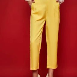 KASSUALLY Yellow Solid Formal Trousers-image-12