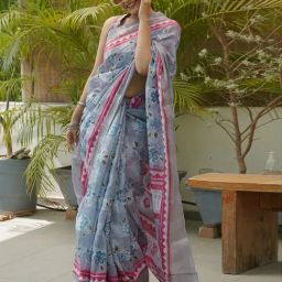 Mirchi Fashion Blue Cotton Blend Floral Saree With Unstitched Blouse-image-92