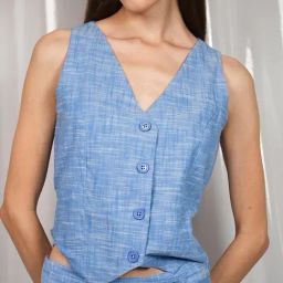 VIRGIO Blue Cotton Solid Sleeveless Waistcoat-picture-43