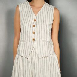 VIRGIO Beige Cotton Stripes Sleeveless Waistcoat-image-43