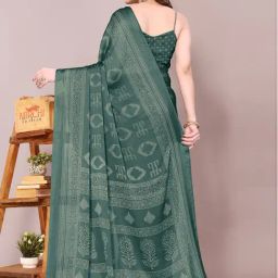 Mirchi Fashion Teal Chiffon Block Print Saree With Unstitched Blouse image 2